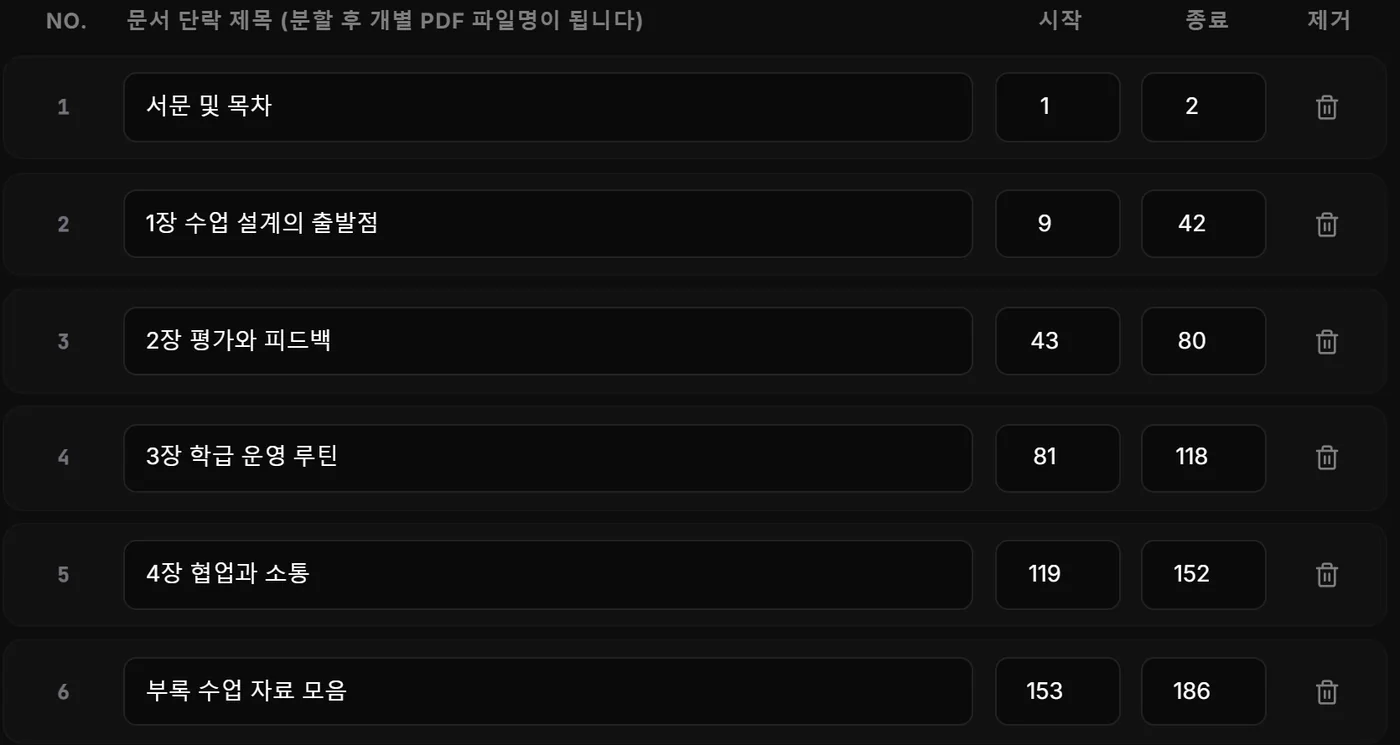 자동으로 채워진 장 제목과 시작·종료 쪽수